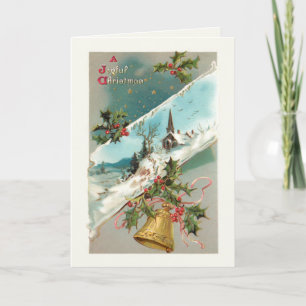 Vintage Christmas Bells, Holly & Church in Winter Holiday Card