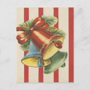 Vintage Christmas Bells On Red And White Stripe Holiday Postcard
