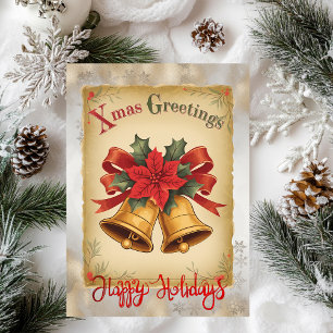 Vintage Christmas Bells Poinsettia Snowflakes  Holiday Card