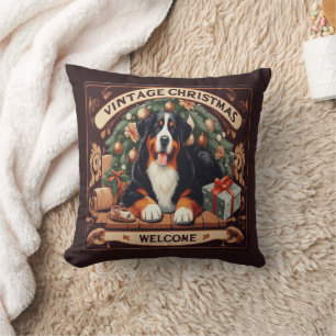 Vintage Christmas Bernese Mountain Dog Welcome Cushion