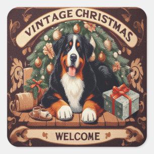Vintage Christmas Bernese Mountain Dog Welcome Square Sticker