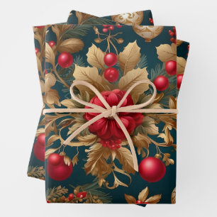 Vintage Christmas Berries, Ornaments, Branches Wrapping Paper Sheet