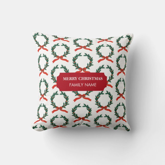 Vintage Christmas Berry Wreath Holiday Custom Name Cushion (Front)