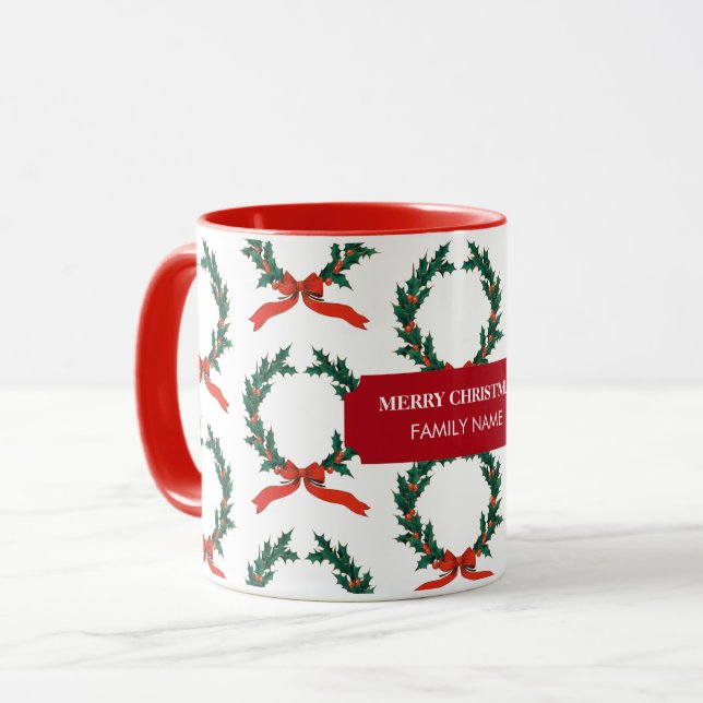 Vintage Christmas Berry Wreath Holiday Custom Name Mug (Front Left)