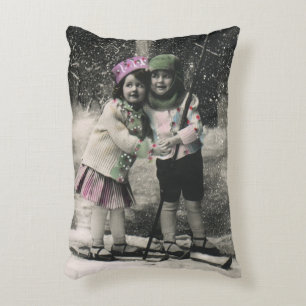 Vintage Christmas, Best Friends on Skis Decorative Cushion