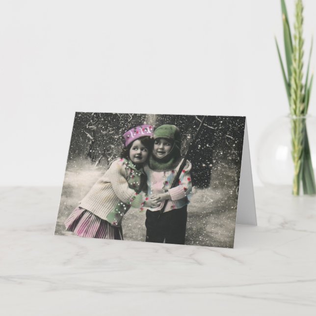 Vintage Christmas, Best Friends on Skis Holiday Card (Front)