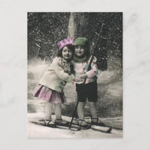 Vintage Christmas, Best Friends on Skis Holiday Postcard