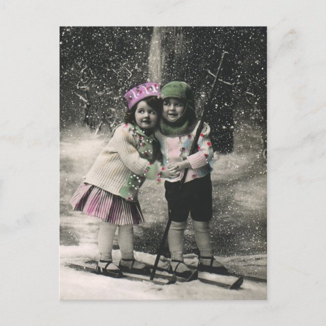 Vintage Christmas, Best Friends on Skis Holiday Postcard (Front)