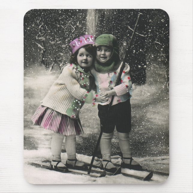 Vintage Christmas, Best Friends on Skis Mouse Mat (Front)