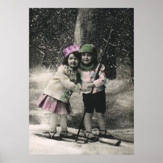 Vintage Christmas, Best Friends on Skis Poster