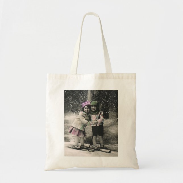 Vintage Christmas, Best Friends on Skis Tote Bag (Front)
