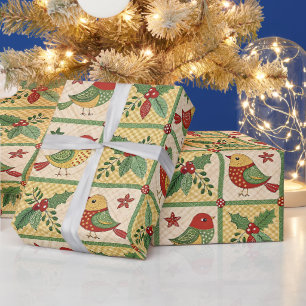 Vintage Christmas Bird Holly Berry Cottagecore Wrapping Paper