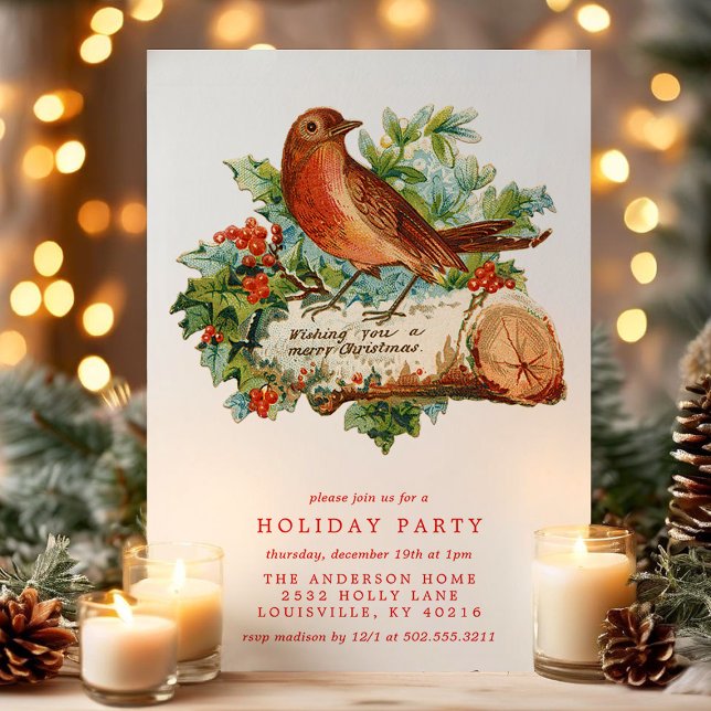 Vintage Christmas Bird Holly Retro Holiday Party Invitation (Creator Uploaded)
