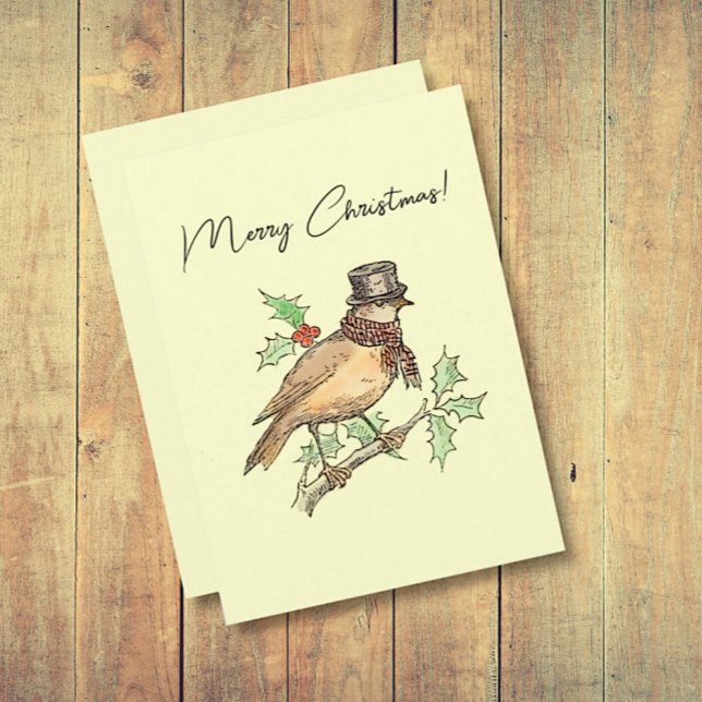 Vintage Christmas Bird on Holly Branch  Holiday Card (Creator Uploaded)