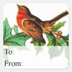 Vintage Christmas Bird on Holly Gift Tag