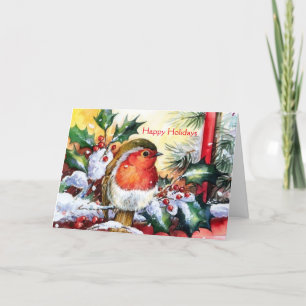 Vintage Christmas - Bird on Snow Covered Holly Holiday Card