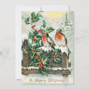 Vintage Christmas Birds and Holly Winter Snow Holiday Card