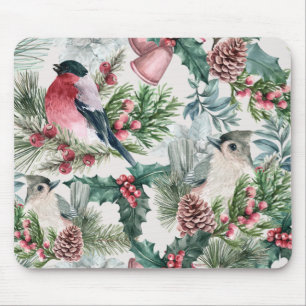 Vintage Christmas Birds and pines floral pattern Mouse Mat