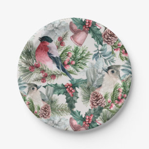 Vintage Christmas Birds and pines floral pattern Paper Plate