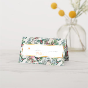 Vintage Christmas Birds and pines floral pattern Place Card