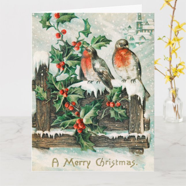 Vintage Christmas birds Holiday card (Yellow Flower)