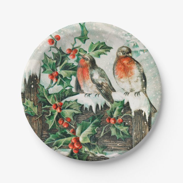 Vintage Christmas birds Holiday Paper Plates (Front)