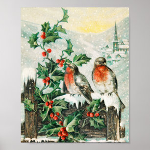 Vintage Christmas birds Holiday  Poster