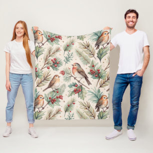 Vintage Christmas Birds - Holly and Robin Fleece Blanket