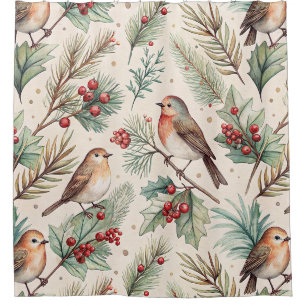 Vintage Christmas Birds - Holly and Robin Shower Curtain