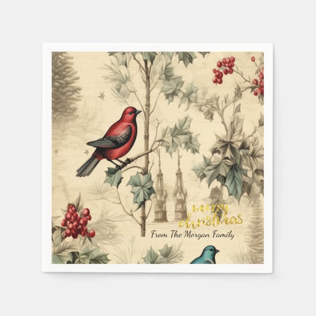 Vintage Christmas Birds Holly Berry Napkin (Front)