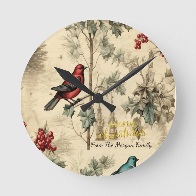 Vintage Christmas Birds Holly Berry Round Clock (Front)