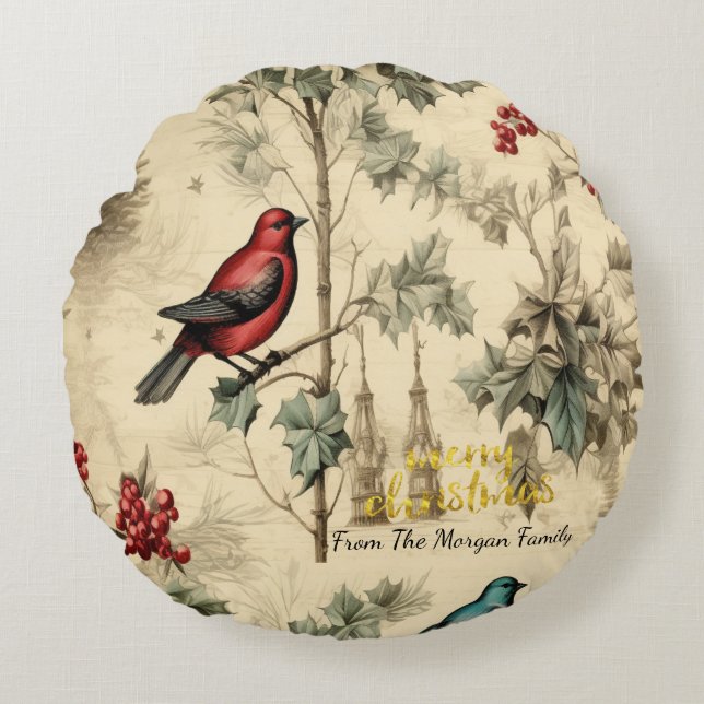 Vintage Christmas Birds Holly Berry Round Cushion (Front)