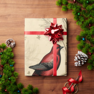 Vintage Christmas Birds Holly Berry Wrapping Paper