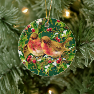 Vintage Christmas Birds Holly Faux Gold Ceramic Tree Decoration