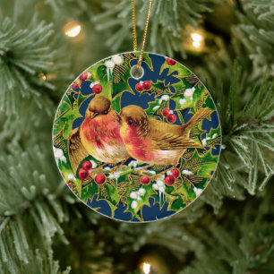 Vintage Christmas Birds Holly Faux Gold Ceramic Tree Decoration