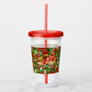 Vintage Christmas Birds Holly Faux Gold Pattern Acrylic Tumbler