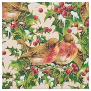 Vintage Christmas Birds Holly Faux Gold Pattern Fabric