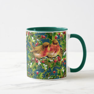 Vintage Christmas Birds Holly Faux Gold Pattern Mug