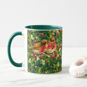 Vintage Christmas Birds Holly Faux Gold Pattern Mug