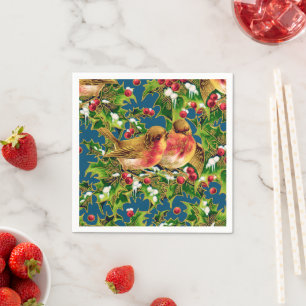 Vintage Christmas Birds Holly Faux Gold Pattern Napkin