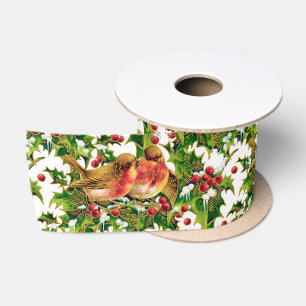 Vintage Christmas Birds Holly Faux Gold Pattern Satin Ribbon
