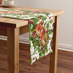 Vintage Christmas Birds Holly Faux Gold Pattern Short Table Runner