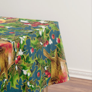 Vintage Christmas Birds Holly Faux Gold Pattern Tablecloth