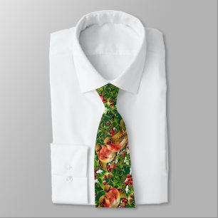 Vintage Christmas Birds Holly Faux Gold Pattern Tie