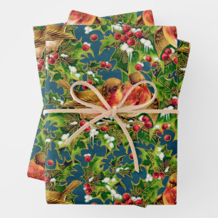 Vintage Christmas Birds Holly Faux Gold Pattern Wrapping Paper Sheet