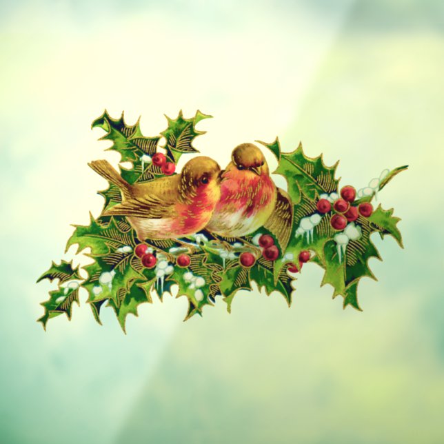 Vintage Christmas Birds Holly Faux Gold Window Cling (Sheet 3)