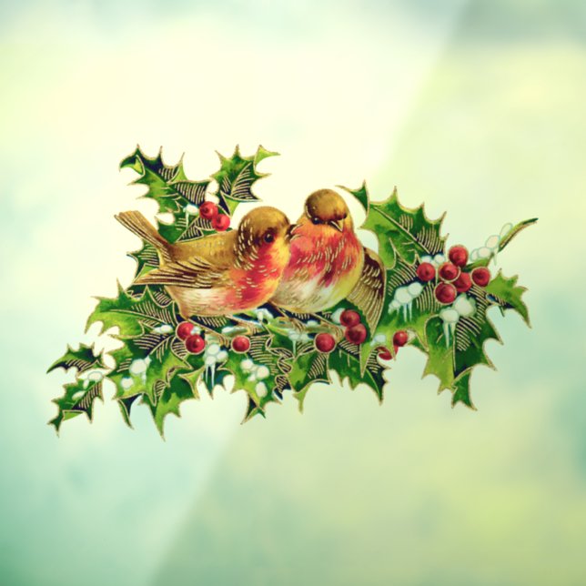 Vintage Christmas Birds Holly Faux Gold Window Cling (Sheet 3)
