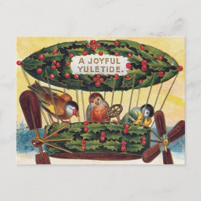 Vintage Christmas - Birds in a Airship Holiday Postcard (Front)