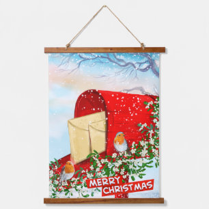 Vintage Christmas Birds Red Post Box Winter Snow Hanging Tapestry