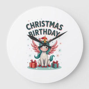 Vintage Christmas Birthday Girl Unicorn Cute Holid Large Clock